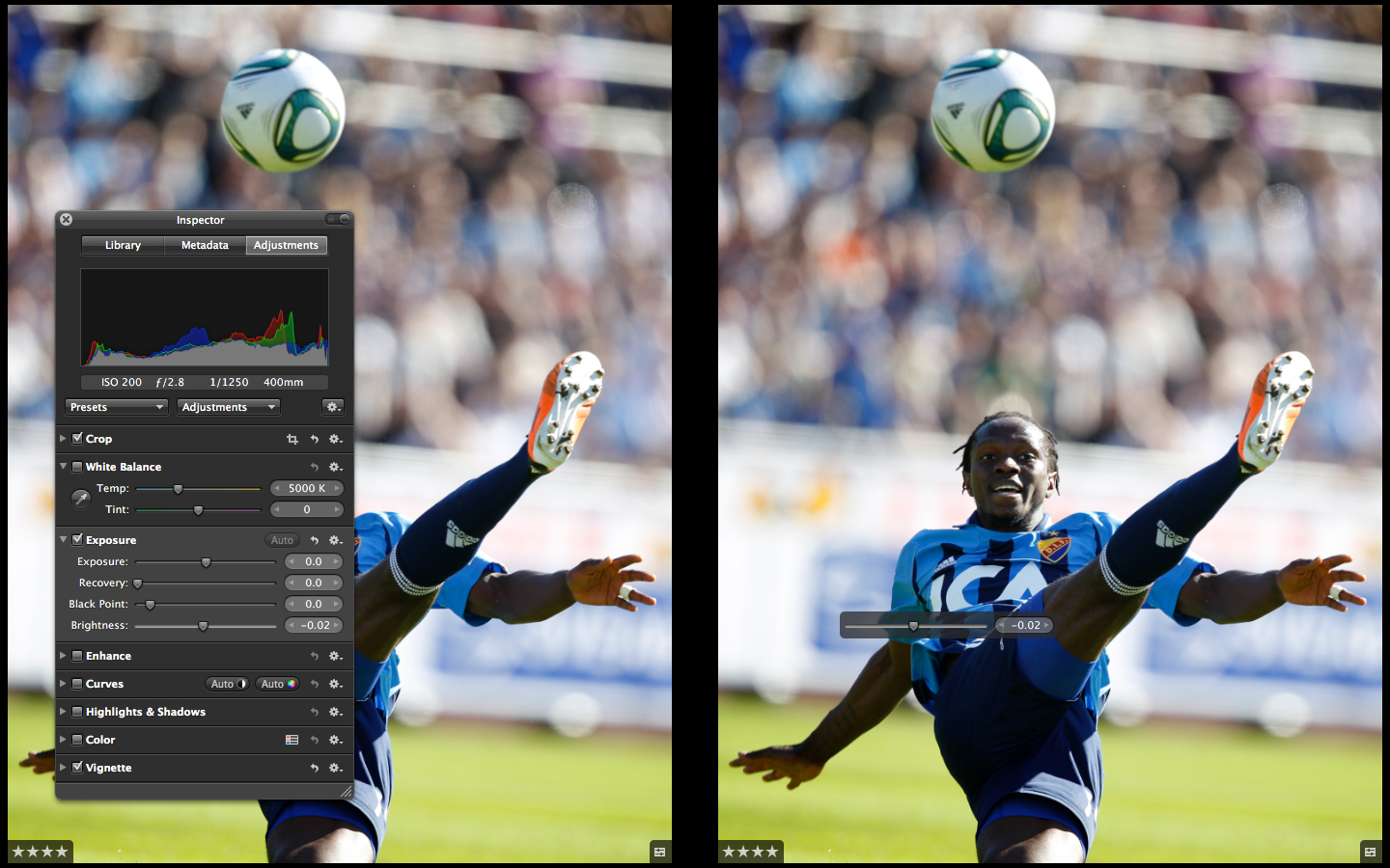 Hold shift while adjusting in Aperture 3