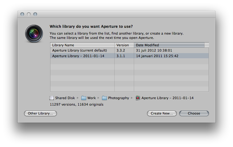 Dialog box to select another library in Aperture 3