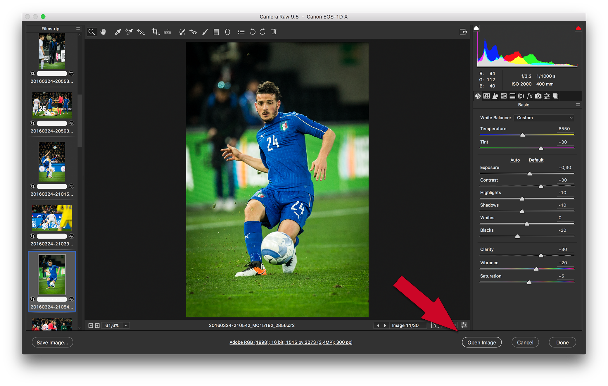 Open Image button in the Adobe Camera RAW application
