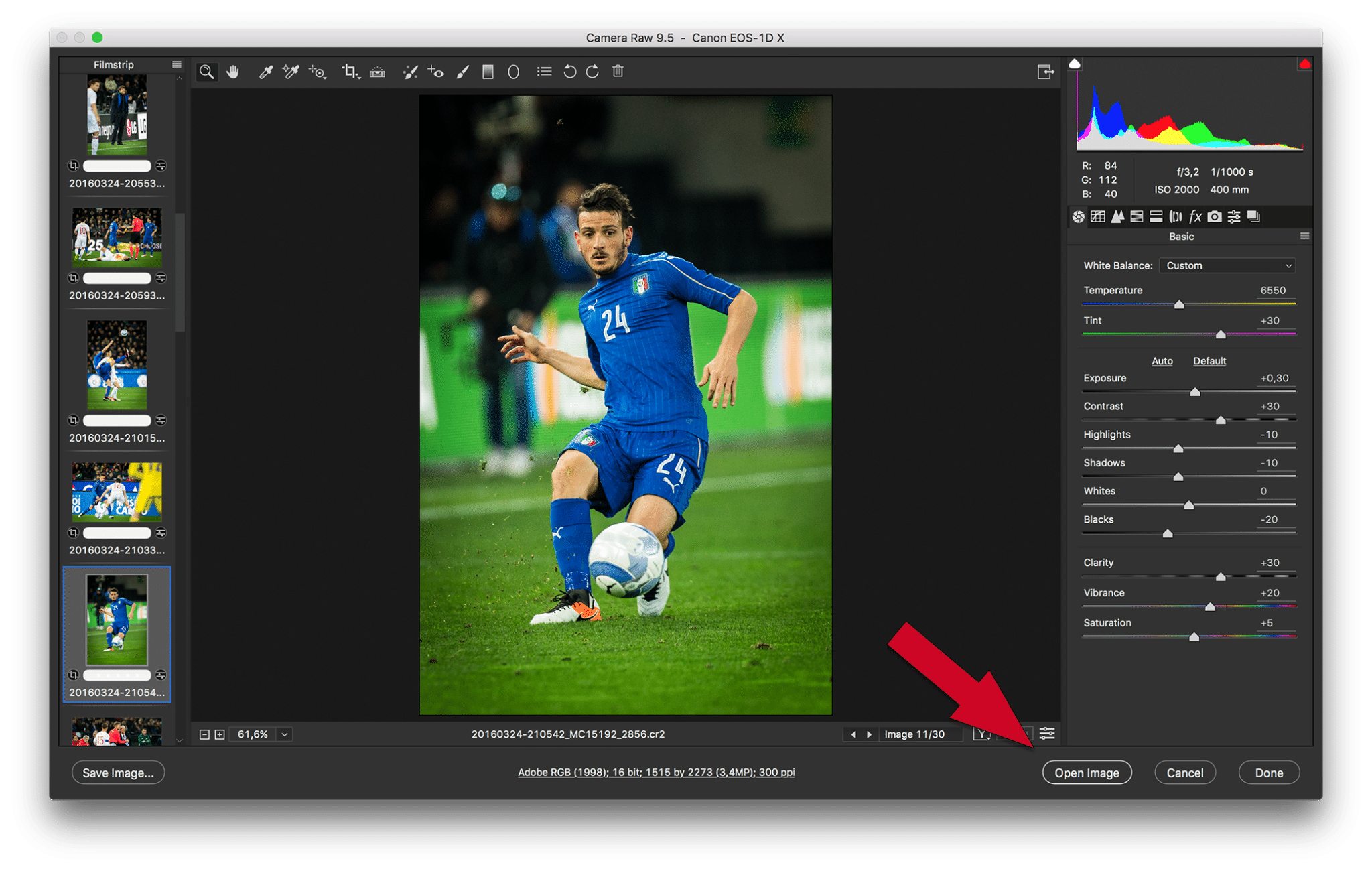 Open Image button in the Adobe Camera RAW application