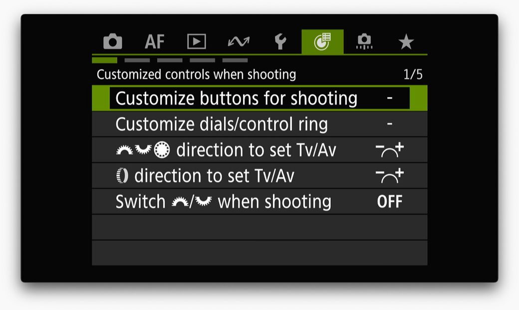 New green menu on the Canon EOS R1 dedicated to customizing buttons and controls