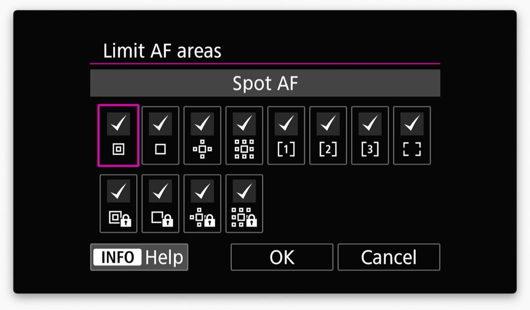 Limit AF areas menu on the Canon EOS R1 add four new options.